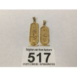 TWO UNMARKED 18 CARAT YELLOW METAL EGYPTIAN CARTOUCHE PENDANTS 6.7GRAMS, UK P&P £15