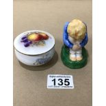 A ROYAL WORCESTER LIDDED POT PAINTED FRUIT 6.5CM WITH A ROYAL WORCESTER FIGURE (SLEEPY BOY) 7.5CM,