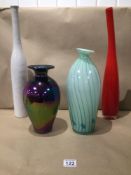 FOUR PIECES OF ART GLASS LARGEST 50CM