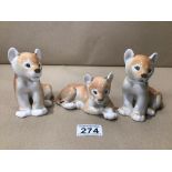 THREE USSR PORCELAIN LION CUBS 12CM, UK P&P £15