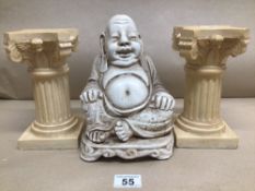 A CHALK SEATED BUDDHA 24CM WITH A PAIR OF COLUMNS (PLASTIC) 21CM, UK P&P £15