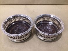TWO SILVER PLATED WINE COASTERS 10.5CM MARKED HARRODS OF LONDON, UK P&P £15