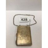 A HALLMARKED SILVER CARD CASE WITH SILVER SAFETY CHAIN GOLD PLATED INSIDE 1918 BIRMINGHAM BY