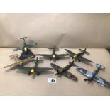 A QUANTITY OF DIE-CAST DINKY TOY AIRCRAFTS, SPITFIRE HARRIER HURRICANE, JUNKERS, AND