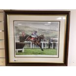 A FRAMED AND GLAZED SIGNED PRINT (SIMPLY THE BEST) 67/350 HORSE RACING PRINT 68 X 59CM