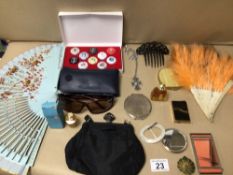 MIXED BOX OF FANS, COMPACTS, AND PERFUME WITH MORE