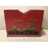 A VINTAGE RED LACQUERED AND HANDPAINTED LETTER RACK, 30 X 24 X 13CM, UK P&P £15