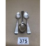 A GEORGE II HALLMARKED SILVER DESSERT SPOON WITH A PAIR OF GEORGE IV HALLMARK SILVER TEASPOONS 68