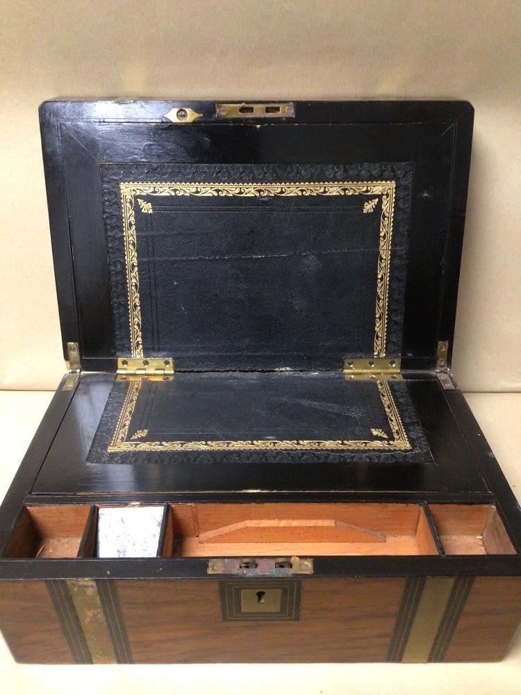 A VICTORIAN PERIOD WALNUT AND BRASS BOUND WRITING SLOPE A/F 35CM, UK P&P £20 - Image 2 of 3