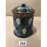 A ROYAL DOULTON GLAZED STONEWARE JAR AND COVER 19 CM