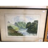 A VINTAGE FRAMED AND GLAZED WATERCOLOUR DEPICTING A RIVER SCENE UNTITLED AND INDISTINCTLY SIGNED