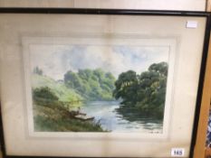 A VINTAGE FRAMED AND GLAZED WATERCOLOUR DEPICTING A RIVER SCENE UNTITLED AND INDISTINCTLY SIGNED