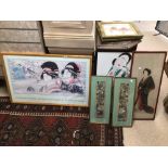 THREE FRAMED AND GLAZED ORIENTAL PICTURES LARGEST 101 X 66CM WITH TWO ORIENTAL SILKS FRAMED AND