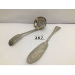 HM SILVER FISH KNIFE LONDON 1870 AND HM SILVER SIFTER SPOON EXETER 1852
