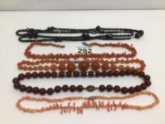 FIVE BEADED NECKLACES TO INCLUDE TWO CORAL ONE A/F