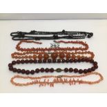 FIVE BEADED NECKLACES TO INCLUDE TWO CORAL ONE A/F