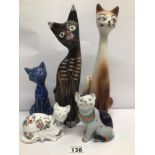 FIVE VINTAGE FIGURES OF CATS FOUR OF WHICH ARE PORCELAIN TWO WITH MARKINGS INCLUDING 'BELLWOOD'