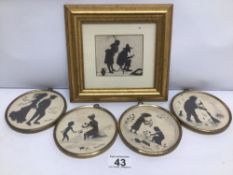 A SET OF FOUR VINTAGE PETER BATES BRASS FRAMED AND GLAZED PICTURE PLAQUES (TAKEN FROM THE ORIGINAL