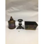 A SMALL PEWTER CANDLE HOLDER WITH FISH DETAILING TOGETHER WITH A HARD PAINTED TIN FRUIT BOWL AND A