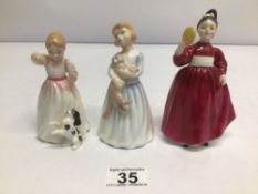 THREE SMALL ROYAL DOULTON FIGURINES 'MY FIRST PET' HN3122 'REWARD' 3391 AND 'VANITY' HN2475 STAMP
