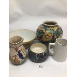 A SMALL VINTAGE COLLECTION OF POTTERY BOWLS AND JUGS DECORATED WITH ANIMALS AND FLOWERS INCLUDING