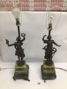 A PAIR OF VINTAGE BRONZED SPELTER FIGURAL TABLE LAMPS OF WOMEN WITH GREEN MARBLE BASE A/F TALLEST IS
