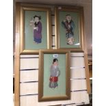 A SET OF THREE VINTAGE FRAMED AND GLAZED WOODCUT FIGURES APPROX 27 X 43CM