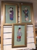 A SET OF THREE VINTAGE FRAMED AND GLAZED WOODCUT FIGURES APPROX 27 X 43CM