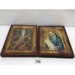 TWO VINTAGE WOODEN PLAQUES OF RELIGIOUS ICONS SAINT STYLIANOS AND THE 'TRANSFIGURATION OF JESUS