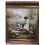 A FRAMED OIL ON CANVAS OF A CHILD WITH GEESE (MONOGRAM) 79 X 69CM