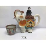 TWO CERAMIC CHINESE ITEMS ELEPHANT TEAPOT AND FAMILLE ROSE TEACUP