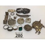 MIXED OLD SILVER AND WHITE METAL JEWELLERY, BROOCHES, RINGS AND MORE