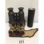 A PAIR OF FIRST WORLD WAR BRASS AND LEATHER BINOCULARS PAIR OF MOTHER OF PEARL OPERA GLASSES AND A