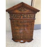 AN EARLY WOODEN ADVERTISING PIECE (GAIETY THEATRE) 59 X 39CM