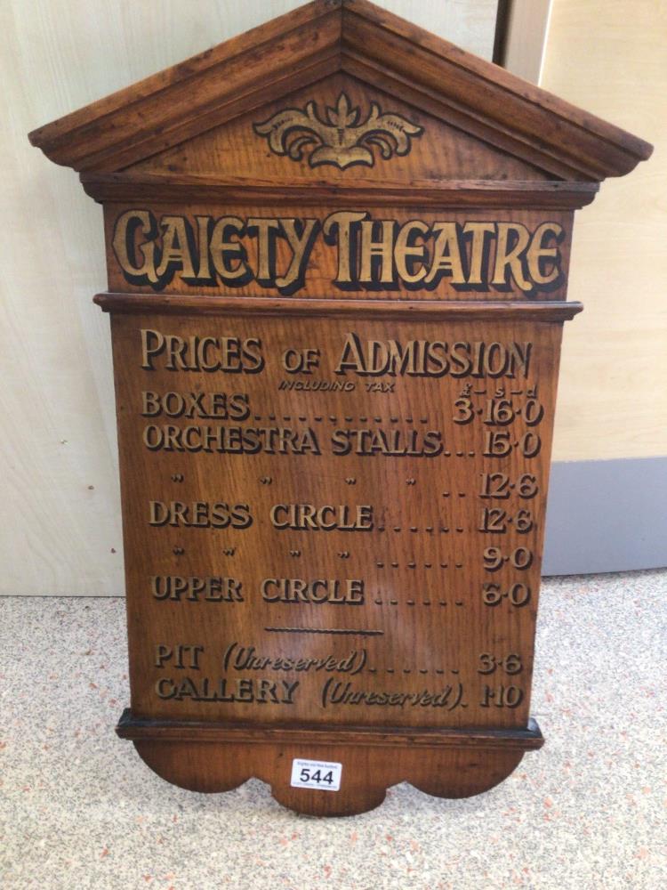 AN EARLY WOODEN ADVERTISING PIECE (GAIETY THEATRE) 59 X 39CM - Image 2 of 3