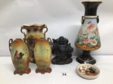 A SMALL COLLECTION OF ART NOUVEAU CERAMIC/PORCELAIN WARE, INCLUDING FOUR VASES OF ANIMALS AND FLORAL