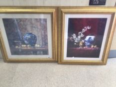 TWO FRAMED AND GLAZED PRINTS IN GILDED FRAMES OF STILL LIFE LARGEST 80 X 80CM
