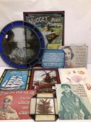 A MIXED VINTAGE COLLECTION OF STAINED GLASS AND METAL WALL SIGN, TIN PLAQUES, AND ONE OTHER