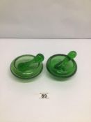 TWO SIGNED FRENCH GREEN BIOT GLASS PESTLE AND MORTAR SETS