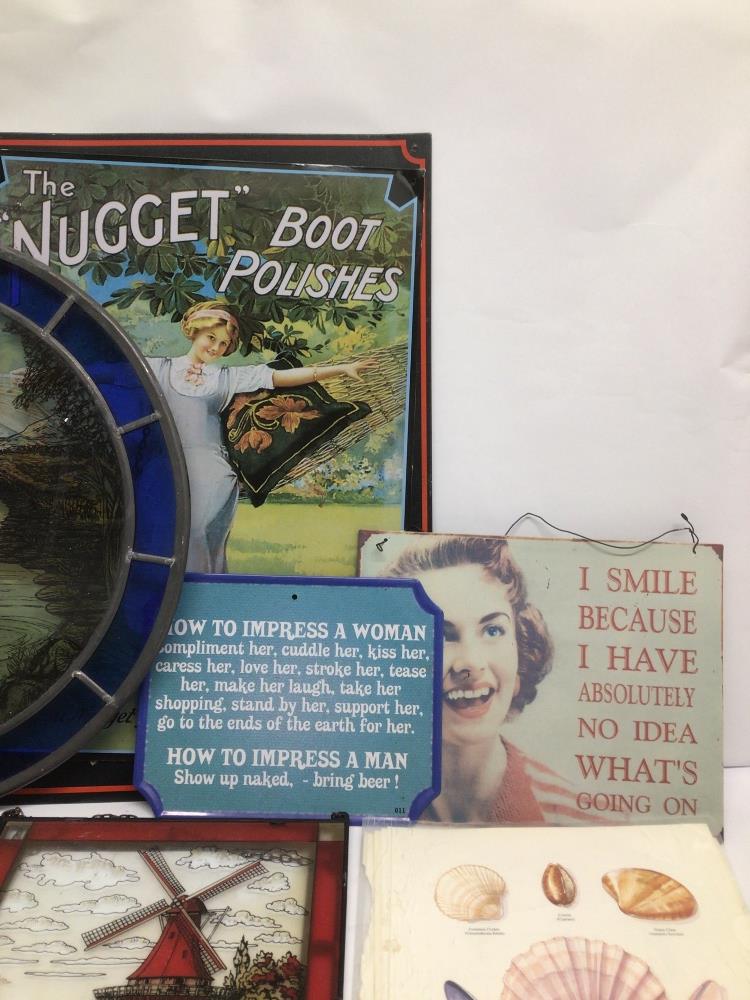 A MIXED VINTAGE COLLECTION OF STAINED GLASS AND METAL WALL SIGN, TIN PLAQUES, AND ONE OTHER - Image 2 of 6