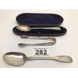 TWO VICTORIAN PERIOD HALLMARKED SILVER TEASPOONS ONE CASED WITH A PAIR OF HALLMARKED SILVER SUGAR