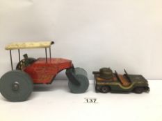 TWO EARLY VINTAGE TIN LITHOGRAPHED TOY VEHICLES ONE BEING A RARE 'HAJI' MISSILE STRIKE JEEP (MISSING