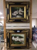 A PAIR OF 19TH CENTURY OIL ON CANVAS PAINTINGS OF DUCKS IN EBONISED AND GILDED WOODEN FRAMES