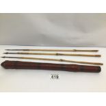 THREE EARLY ARROWS MADE FROM BAMBOO WITH A STITCHED LEATHER POUCH