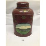 A LARGE HAND PAINTED TIN TEA CADDY MARKED BARTLETT AND SON LIMITED