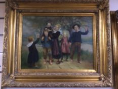 AN ORNATE GILDED FRAMED OIL ON BOARD OF YOUNG CHILDREN PLAYING 57 X 48CM UNSIGNED