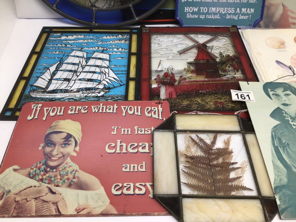 A MIXED VINTAGE COLLECTION OF STAINED GLASS AND METAL WALL SIGN, TIN PLAQUES, AND ONE OTHER - Image 4 of 6