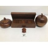 A MIXED COLLECTION OF CARVED WOOD ITEMS INCLUDING 'NETSUKE' ONI YOKAI A BOX OF DOMINOES AND OTHERS