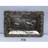 A VINTAGE WHITE METAL DISH WITH A DECORATIVE BORDER AND A SCENE BIRDS 26 X 17CM