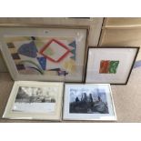 FOUR FRAMED AND GLAZED PIECES OF ART, ABSTRACT AND WATERCOLOURS LARGEST 90 X 76CM